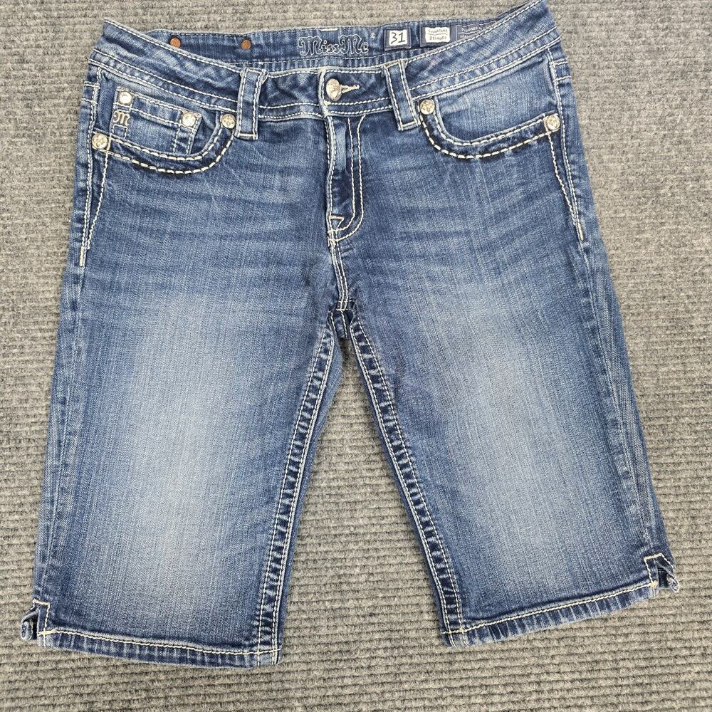 Miss Me Signature Bermuda Shorts Womens 31 Blue Rhinestone Embellished